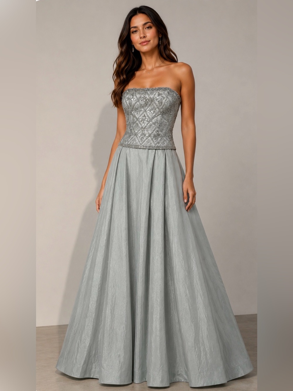 Jazz Couture Silver Strapless Beaded Bodice Evening Gown